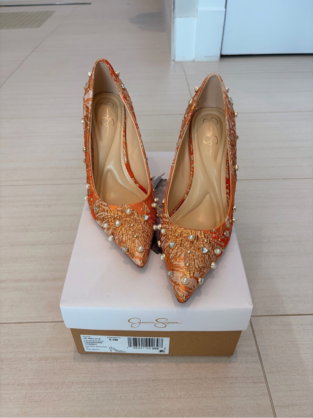 Jessica Simpson Welica Orange Beaded Pointed-Toe Heels
